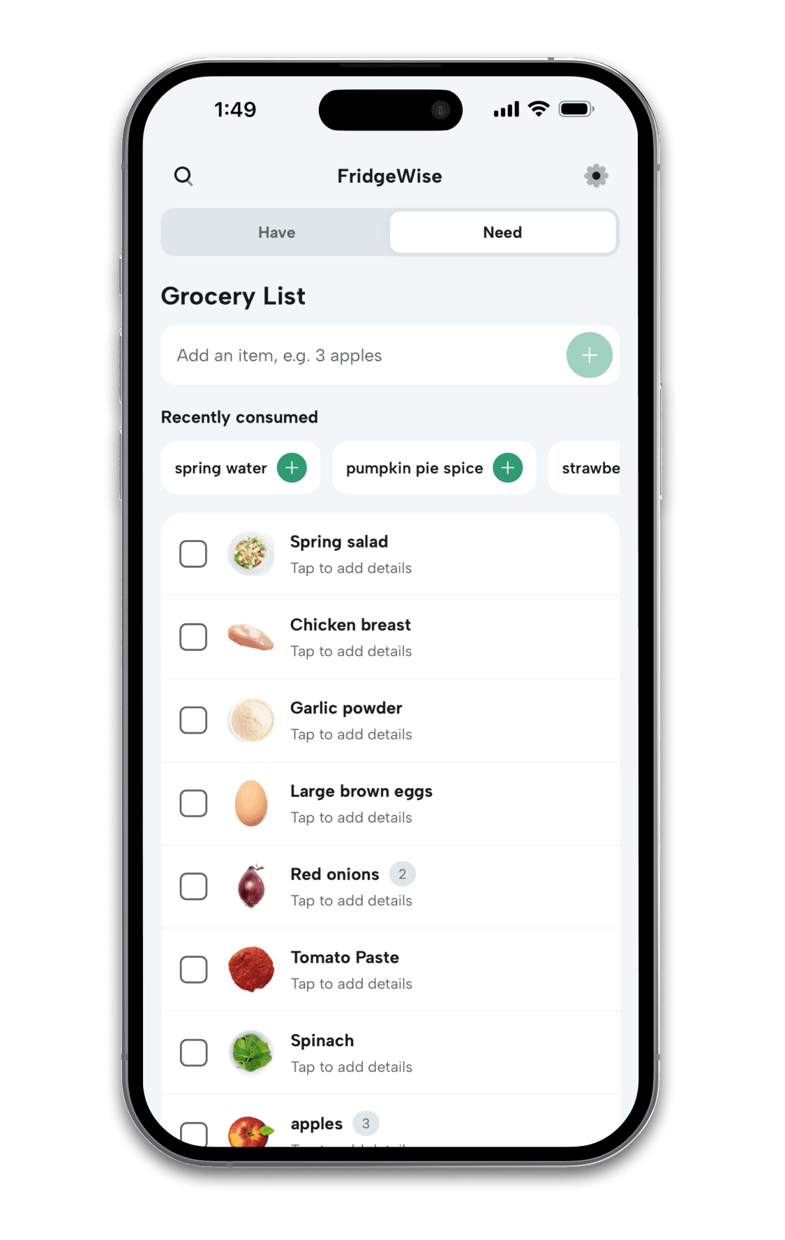 FridgeWise “Need” Grocery List with Recently consumed suggestions and unchecked shopping items